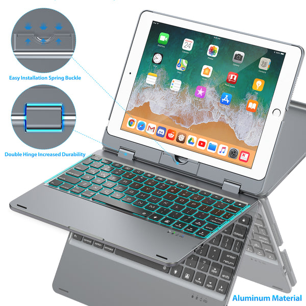 Keyboard Case Compatible with iPad 2018 (6th Gen)/2017 (5th Gen)/Pro 9.7/Air 2 & 1 | Double-Rotating Hinge & Aluminum Keyboard/Case | Colorful Backlit Keys & Long Working Time