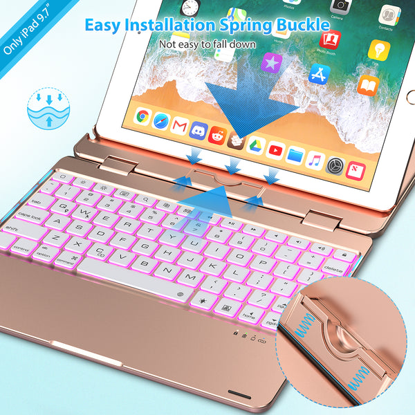 Keyboard Case Compatible with iPad 2018 (6th Gen)/2017 (5th Gen)/Pro 9.7/Air 2 & 1 | Double-Rotating Hinge & Aluminum Keyboard/Case | Colorful Backlit Keys & Long Working Time