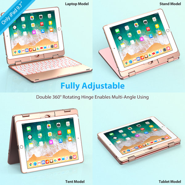 Keyboard Case Compatible with iPad 2018 (6th Gen)/2017 (5th Gen)/Pro 9.7/Air 2 & 1 | Double-Rotating Hinge & Aluminum Keyboard/Case | Colorful Backlit Keys & Long Working Time