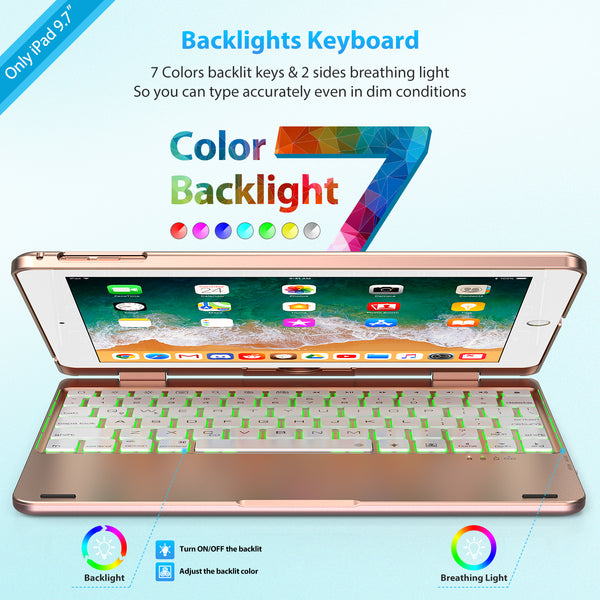 Keyboard Case Compatible with iPad 2018 (6th Gen)/2017 (5th Gen)/Pro 9.7/Air 2 & 1 | Double-Rotating Hinge & Aluminum Keyboard/Case | Colorful Backlit Keys & Long Working Time
