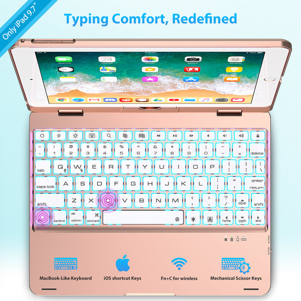 Keyboard Case Compatible with iPad 2018 (6th Gen)/2017 (5th Gen)/Pro 9.7/Air 2 & 1 | Double-Rotating Hinge & Aluminum Keyboard/Case | Colorful Backlit Keys & Long Working Time