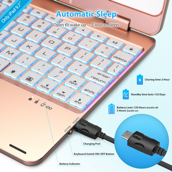 Keyboard Case Compatible with iPad 2018 (6th Gen)/2017 (5th Gen)/Pro 9.7/Air 2 & 1 | Double-Rotating Hinge & Aluminum Keyboard/Case | Colorful Backlit Keys & Long Working Time