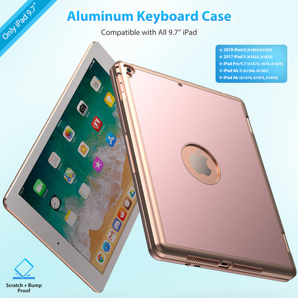 Keyboard Case Compatible with iPad 2018 (6th Gen)/2017 (5th Gen)/Pro 9.7/Air 2 & 1 | Double-Rotating Hinge & Aluminum Keyboard/Case | Colorful Backlit Keys & Long Working Time