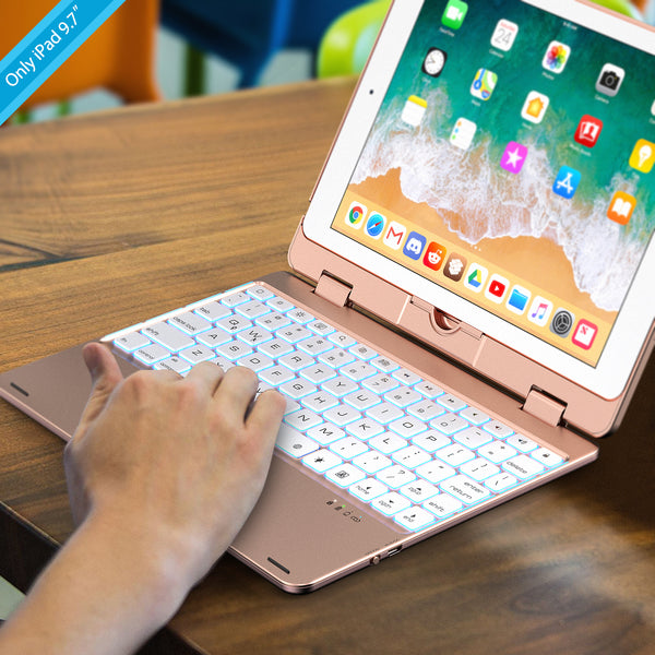 Keyboard Case Compatible with iPad 2018 (6th Gen)/2017 (5th Gen)/Pro 9.7/Air 2 & 1 | Double-Rotating Hinge & Aluminum Keyboard/Case | Colorful Backlit Keys & Long Working Time