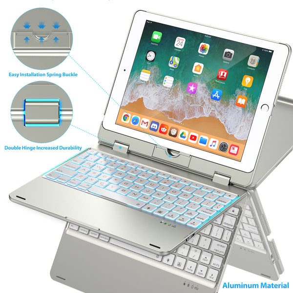 Keyboard Case Compatible with iPad 2018 (6th Gen)/2017 (5th Gen)/Pro 9.7/Air 2 & 1 | Double-Rotating Hinge & Aluminum Keyboard/Case | Colorful Backlit Keys & Long Working Time