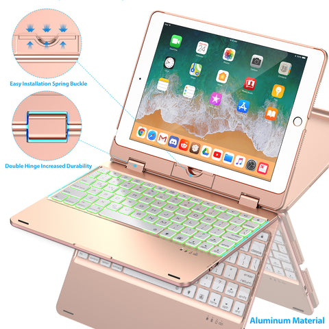 Keyboard Case Compatible with iPad 2018 (6th Gen)/2017 (5th Gen)/Pro 9.7/Air 2 & 1 | Double-Rotating Hinge & Aluminum Keyboard/Case | Colorful Backlit Keys & Long Working Time