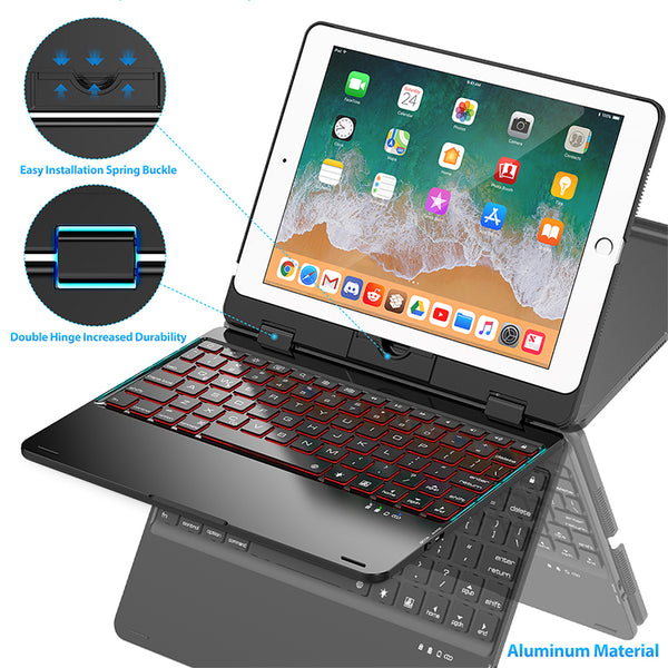 Keyboard Case Compatible with iPad 2018 (6th Gen)/2017 (5th Gen)/Pro 9.7/Air 2 & 1 | Double-Rotating Hinge & Aluminum Keyboard/Case | Colorful Backlit Keys & Long Working Time